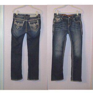 Rock Revival Marie Bootcut Jeans 28x33 Bling Low Rise Flap Pocket Fleur di Lis